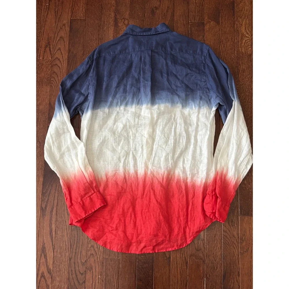 Polo Ralph Lauren Mens Medium Linen Ombre Dip Dye Shirt Red White Blue Pony Logo